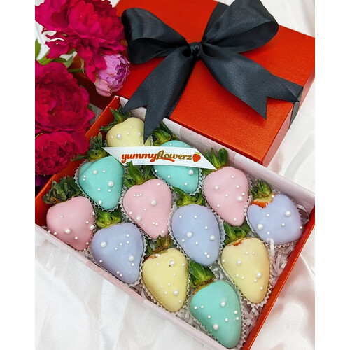 12pcs Candy Colors (Pastel Green, Pink, Purple & Yellow) Chocolate Strawberries Gift Box